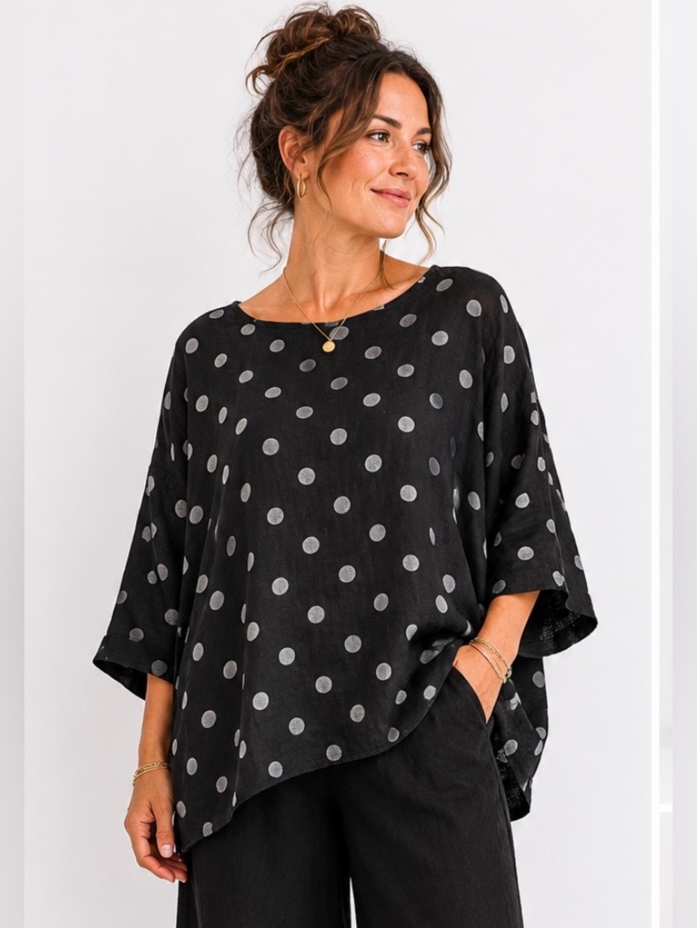 Puro Lino Linen Top Polka Dot Lagenlook Flowy Oversized Black Large Neutral